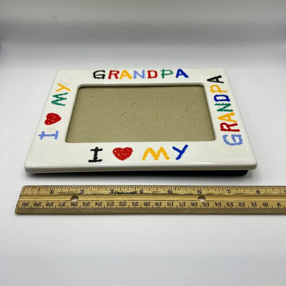I Love My Grandpa White Ceramic Picture Frame Colorful Crayon Font 6x8 Vintage